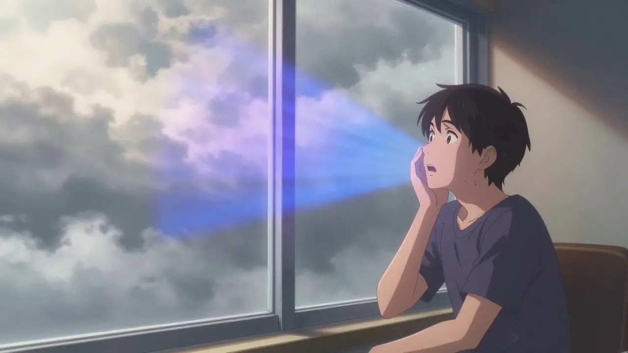 Anime character realizing UVA rays penetrate windows on cloudy days
