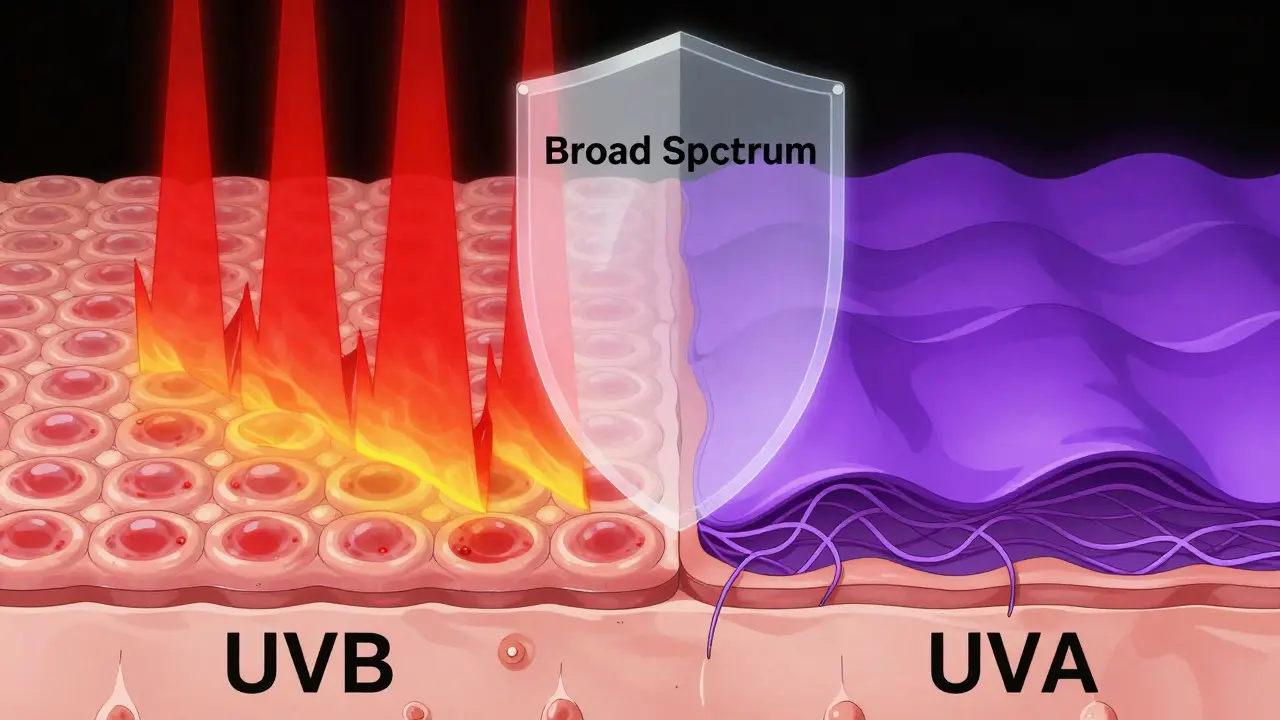 Anime diagram showing UVA aging and UVB burning rays hitting skin