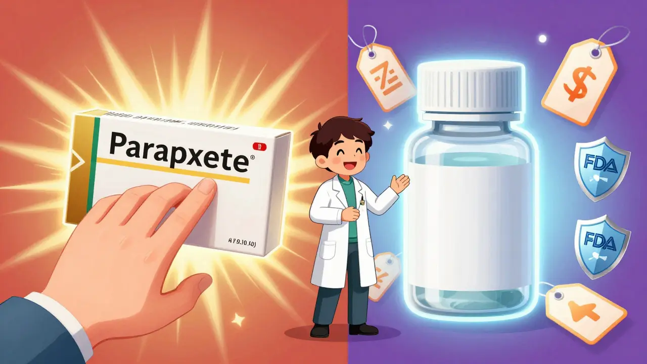 Anime illustration comparing expensive brand vs cheap generic pills