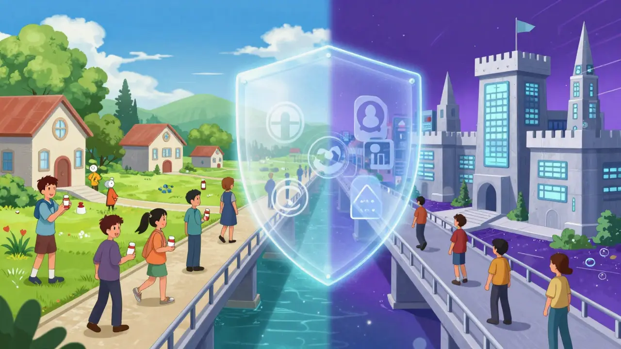 Anime illustration of a bridge connecting patients to safe generics