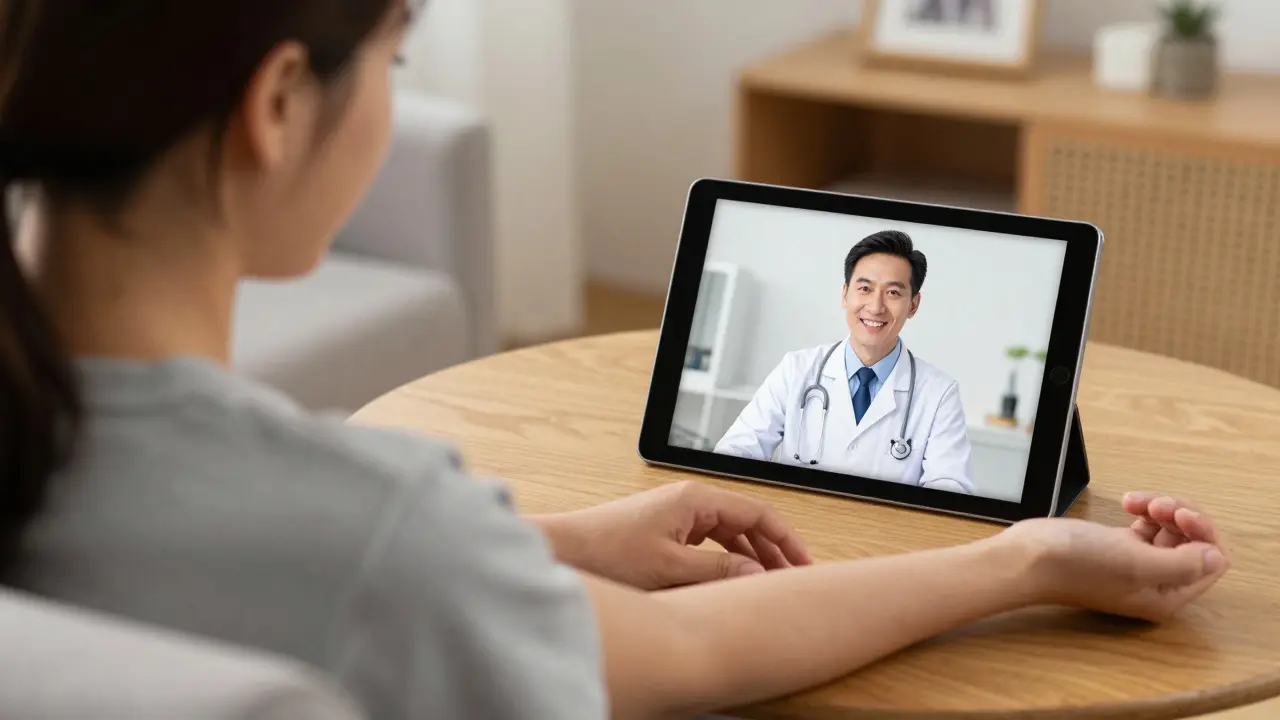 Anime patient consulting with a doctor via tablet for a skin condition.