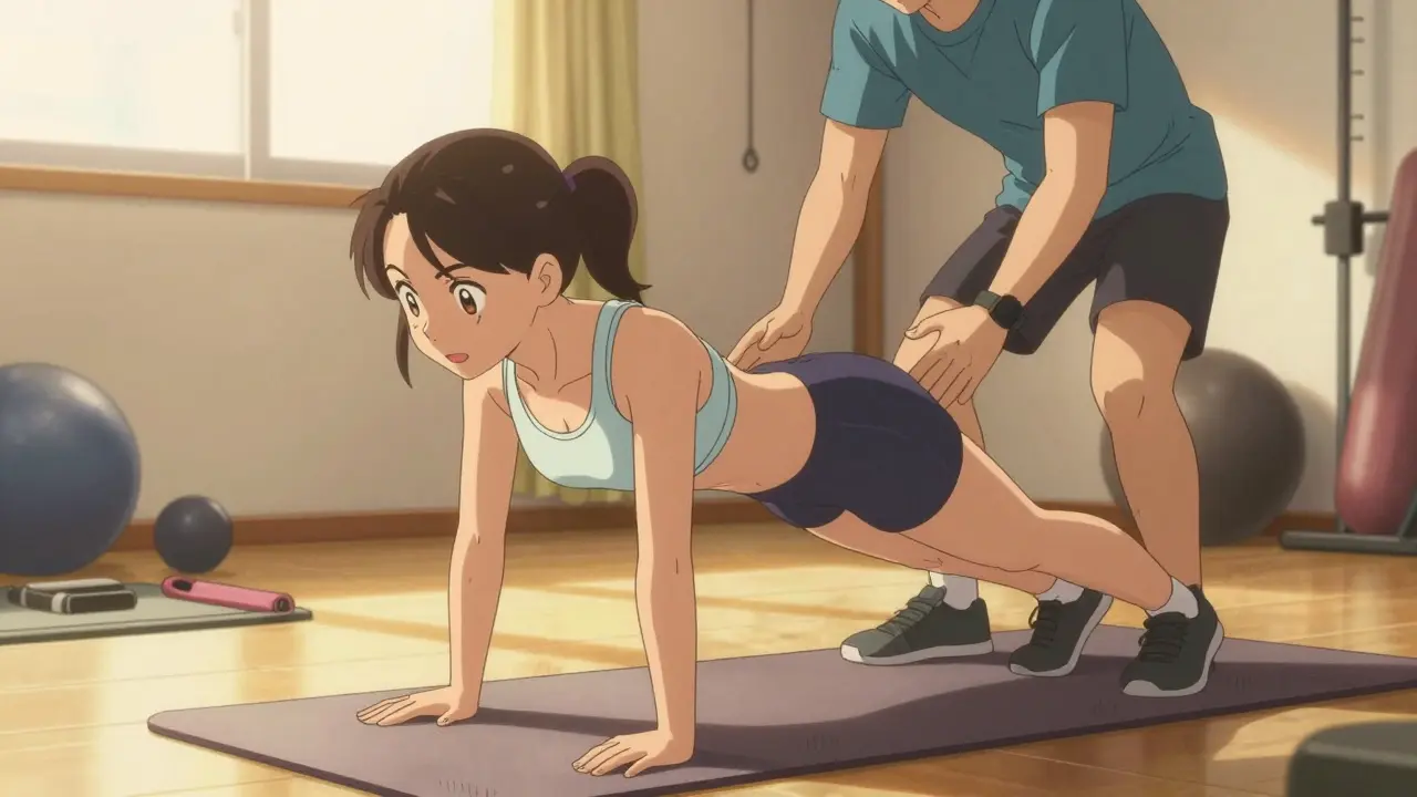 Anime patient doing bird-dog exercise with a physical therapist