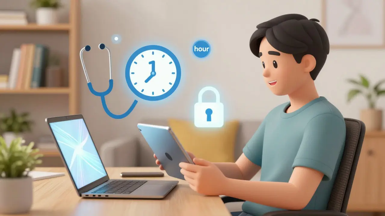 Anime person using tablet for online doctor consultation at home