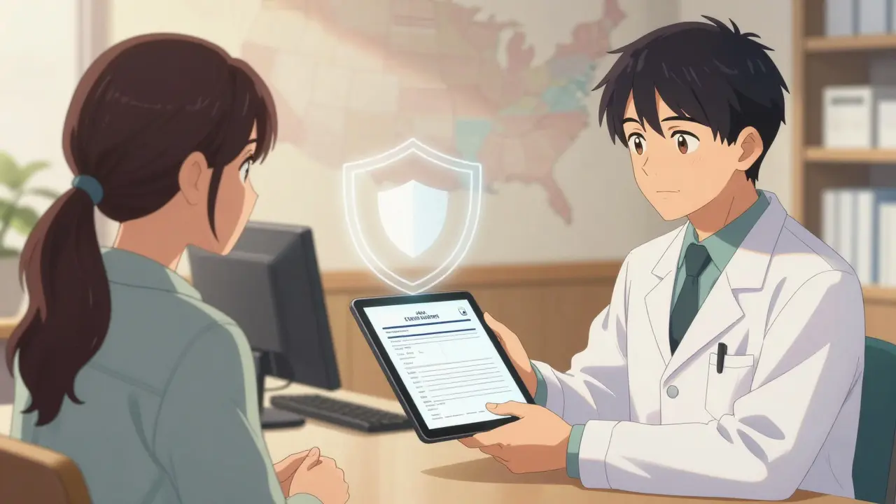 Anime pharmacist discussing consent forms with a patient at a desk