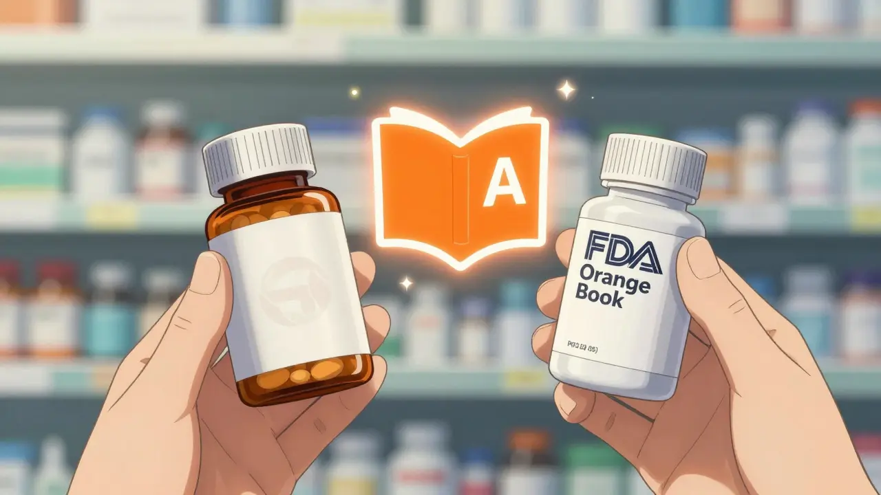 Anime style comparison of brand vs generic pills with FDA Orange Book icon