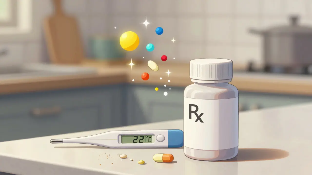 Anime style illustration of probenecid pills and ingredient particles.