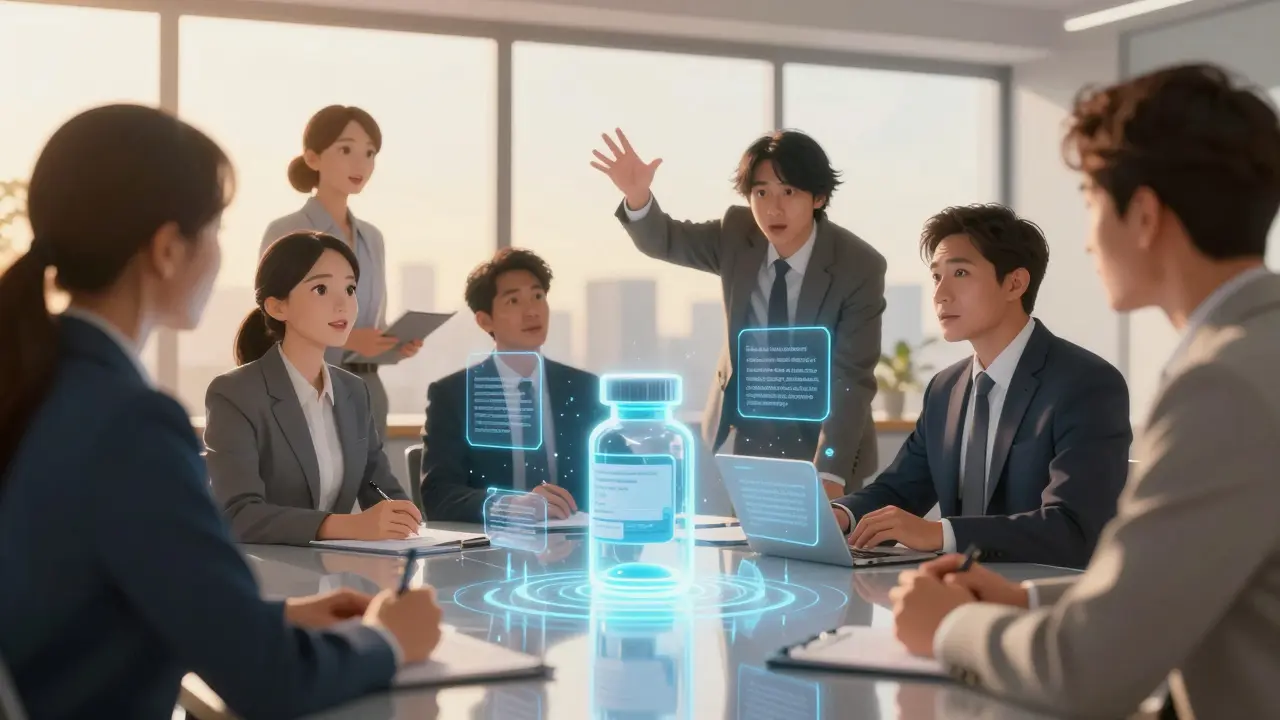 Anime team discussing regulations around a holographic pill model