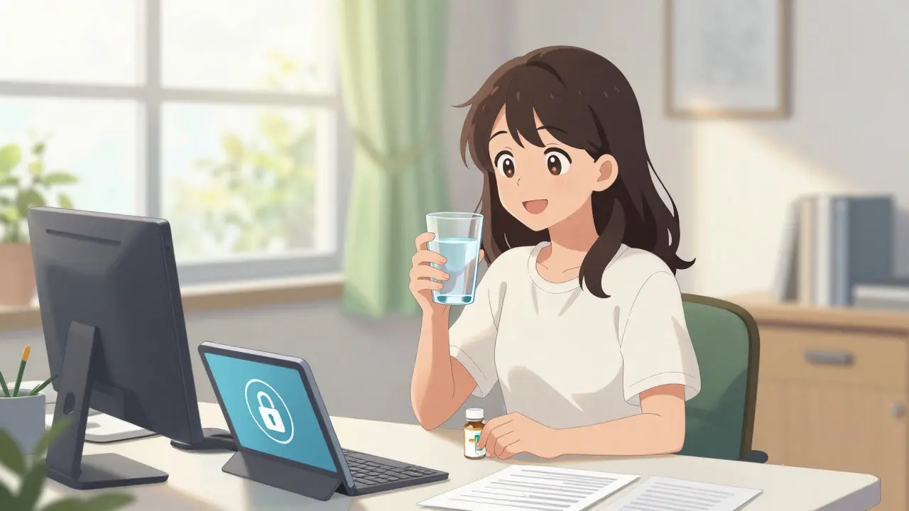 Anime woman safely ordering medication online in a sunny room.