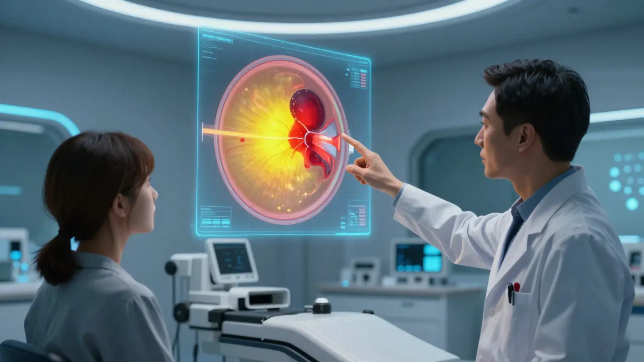 Doctor showing patient a holographic retina scan in a clinic