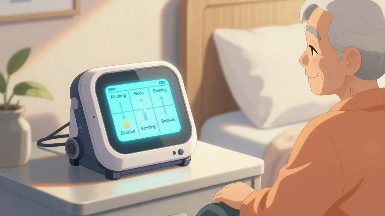 Elderly person relaxing next to smart digital medication organizer on nightstand