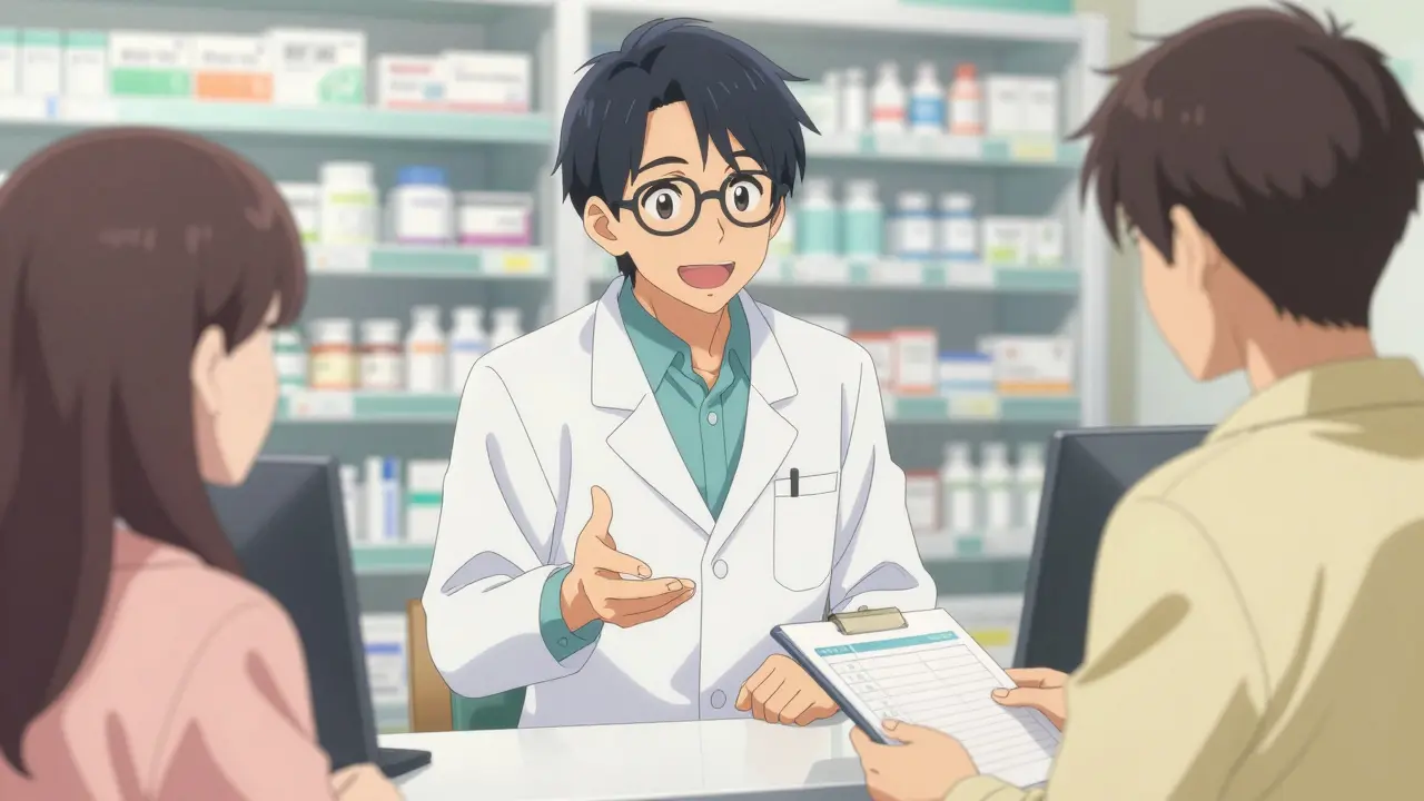 Pharmacist consulting with a relieved patient in a bright pharmacy setting.