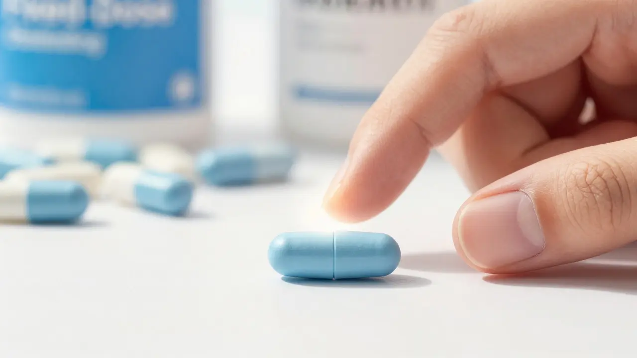 Single combination pill highlighted against blurred background of many separate pills