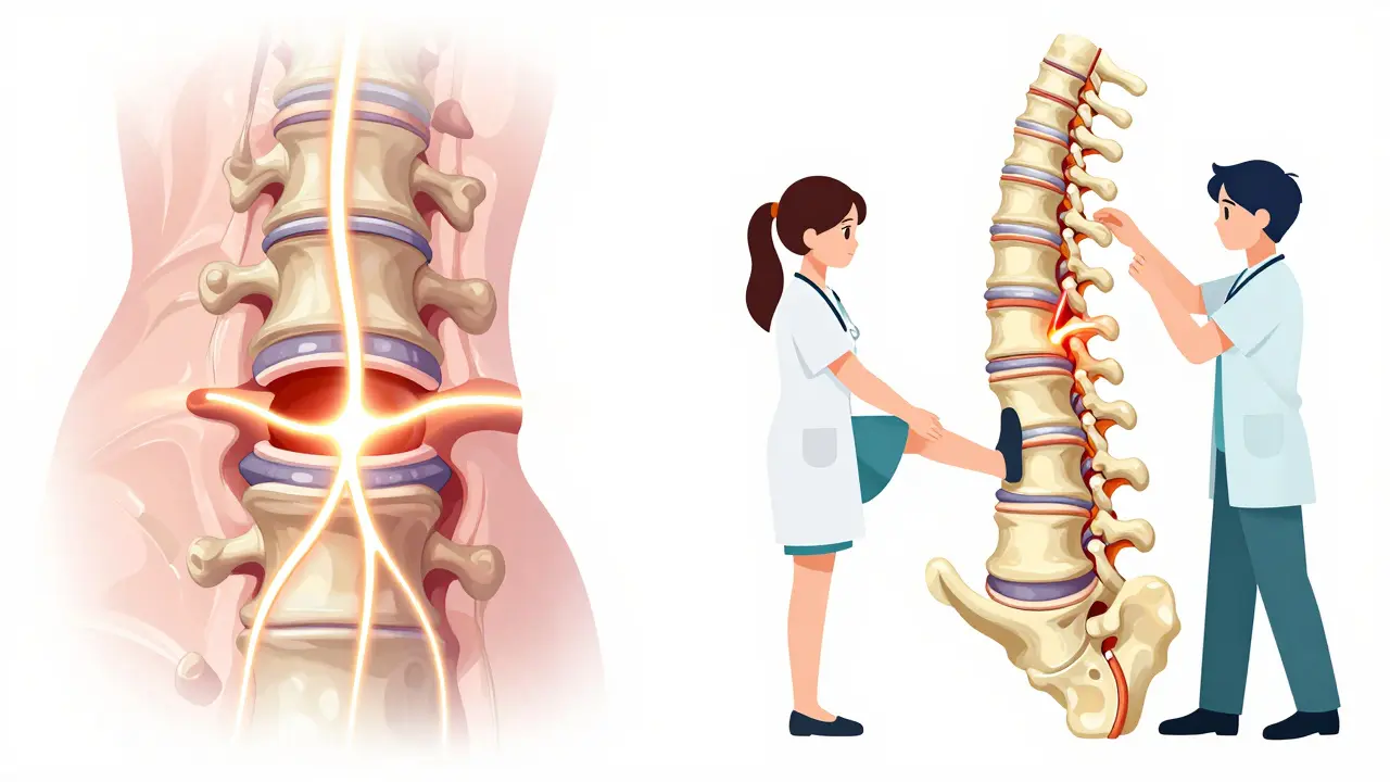 Split screen anime art comparing cervical and lumbar spine nerve compression