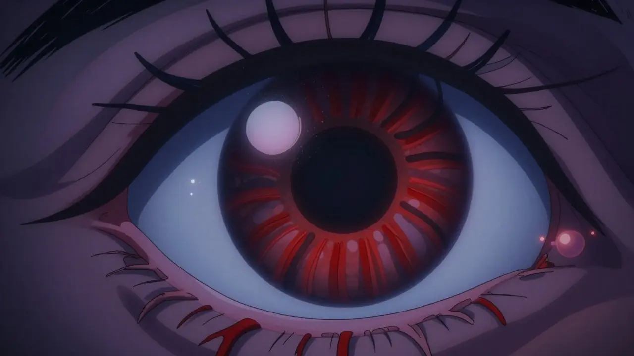 Stylized anime eye cross-section showing constricted blood vessels