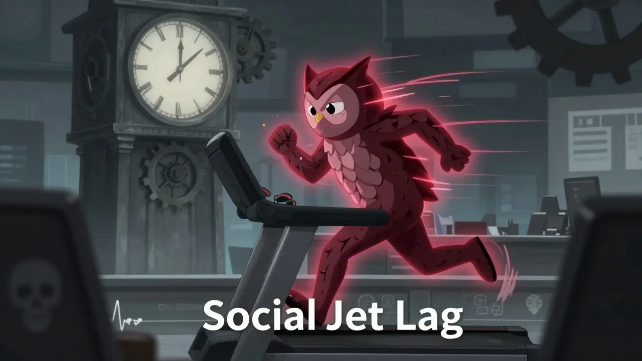 Anime art of night owl struggling against rigid work schedule clock