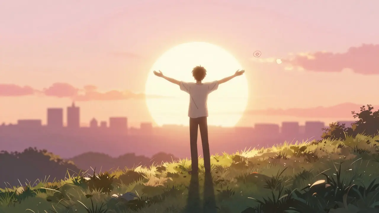 Anime character enjoying morning sunlight to adjust sleep rhythm