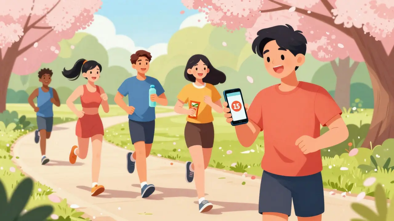 Anime friends jogging in park with healthy lifestyle icons