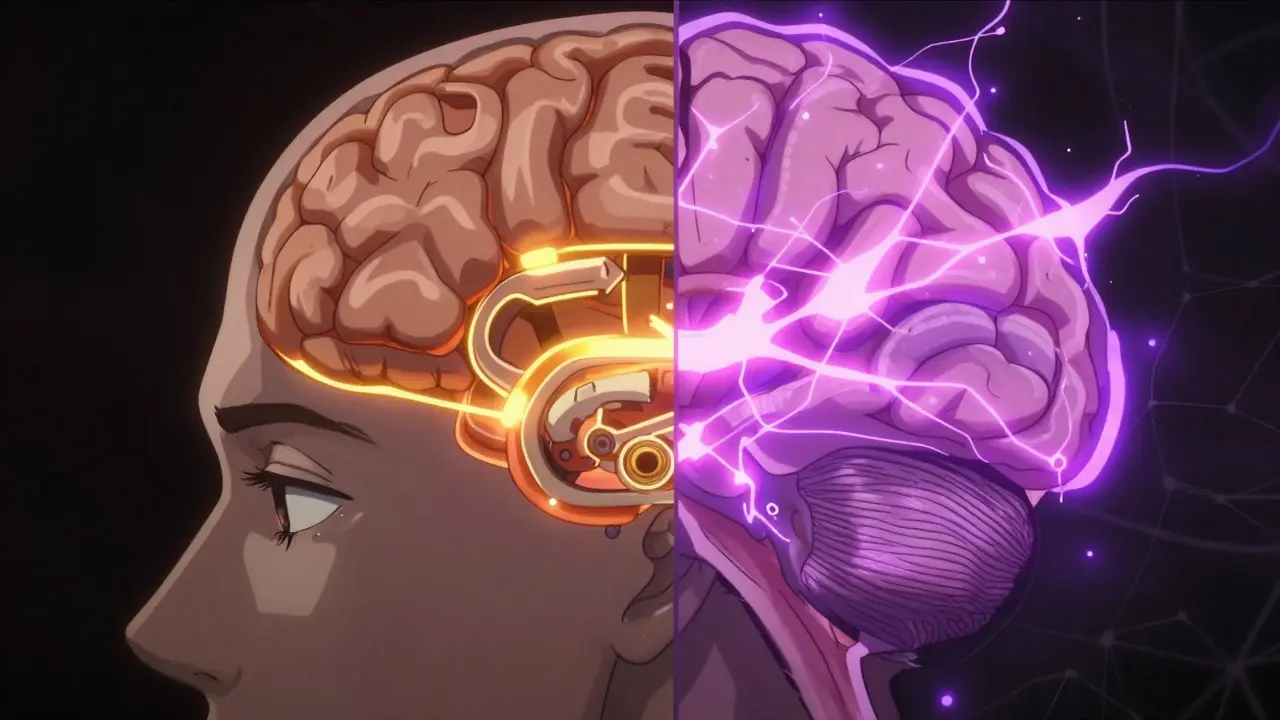 Anime style cross-section of a brain showing different neural pathways for dependence versus addiction