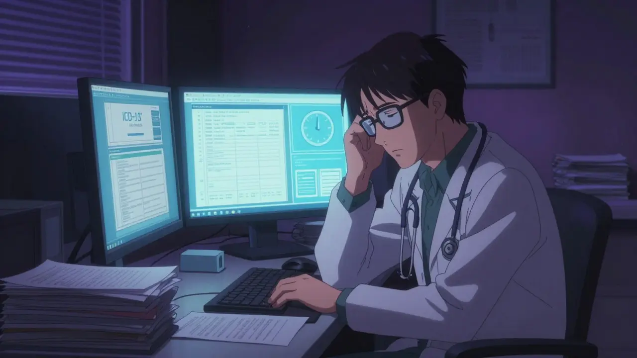 Anime style: Exhausted doctor surrounded by paperwork and computer screens.