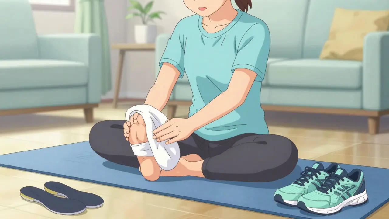 Anime style image of a person performing a towel stretch for foot pain in a living room.