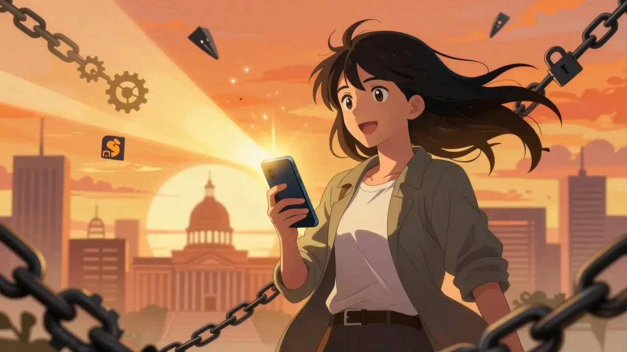 Anime style: Patient breaking bureaucratic chains with light from smartphone.
