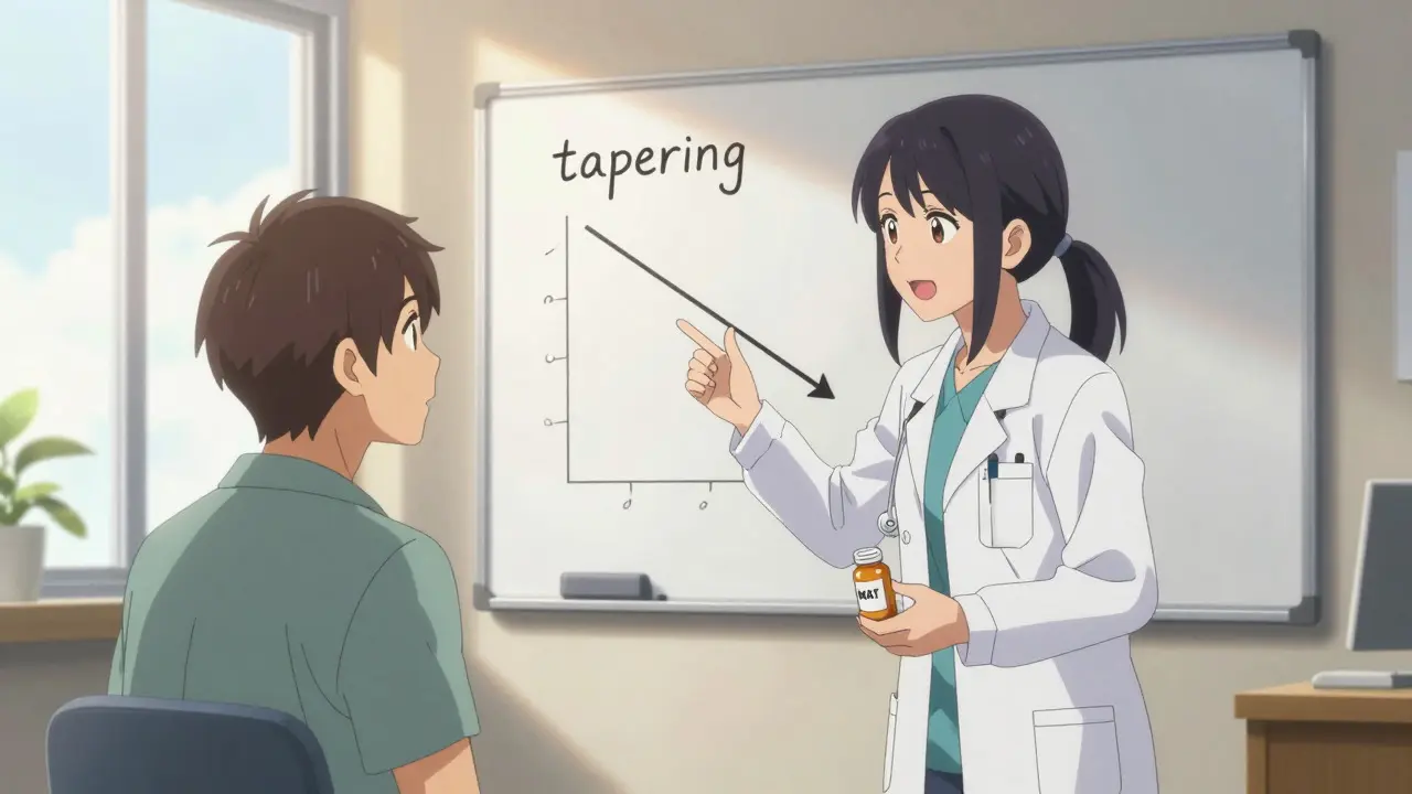 Anime style scene of a doctor explaining medication-assisted treatment to a hopeful patient