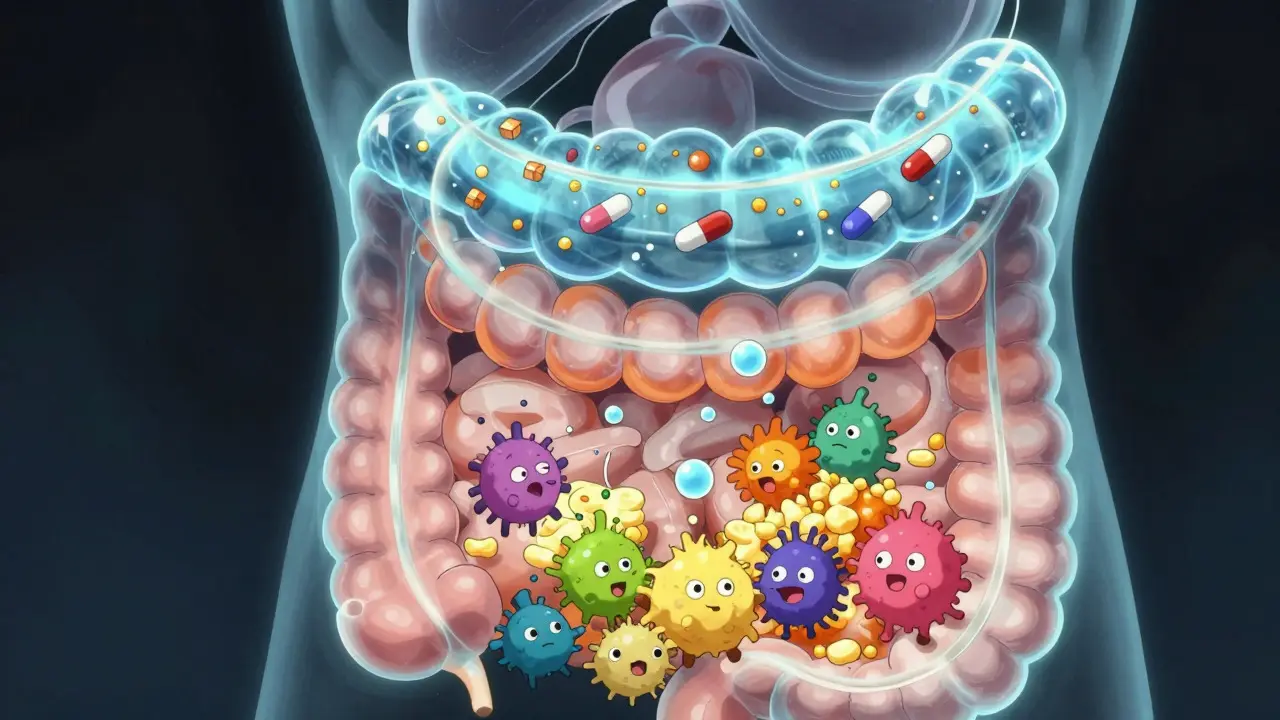 Conceptual anime illustration showing how diabetes drugs affect gut bacteria