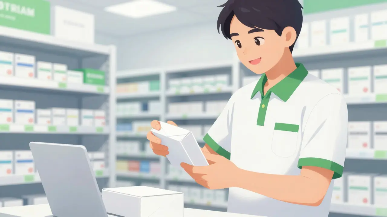 Delivery worker packing a medication box in an anime warehouse