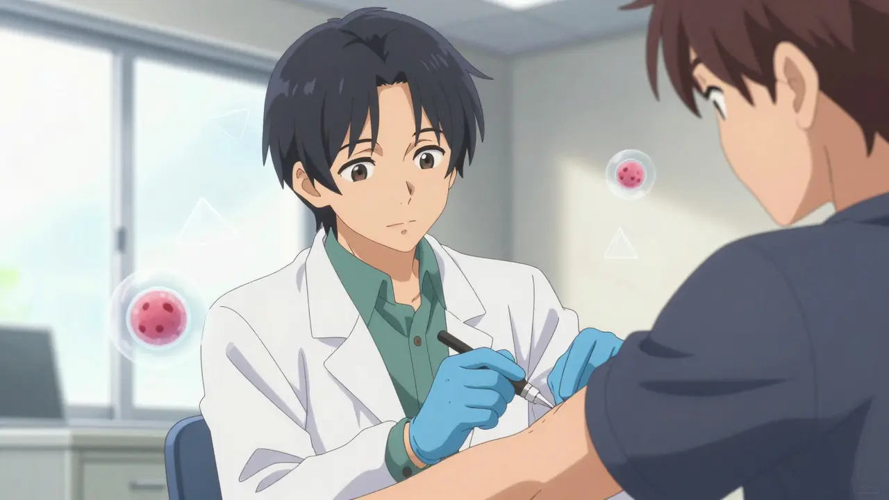 Doctor performing a skin allergy test on a patient's arm in a bright clinic.