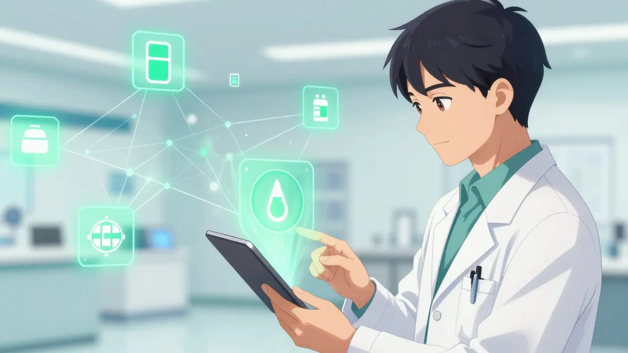 Doctor using a tablet with projected visual alerts for drug safety