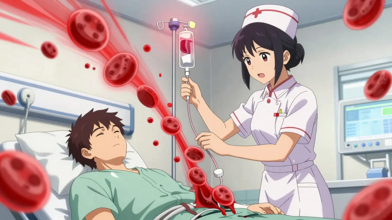 Emergency room scene with IV drip and urgent medical care