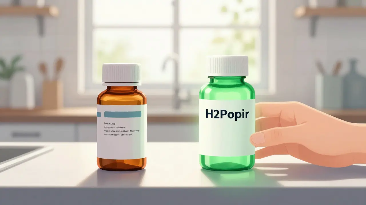 Hand choosing a brightly lit medication bottle over a faded one on a counter