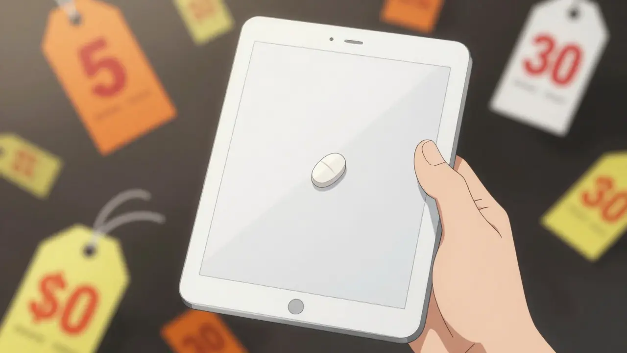 Hand holding a white tablet with floating discount symbols