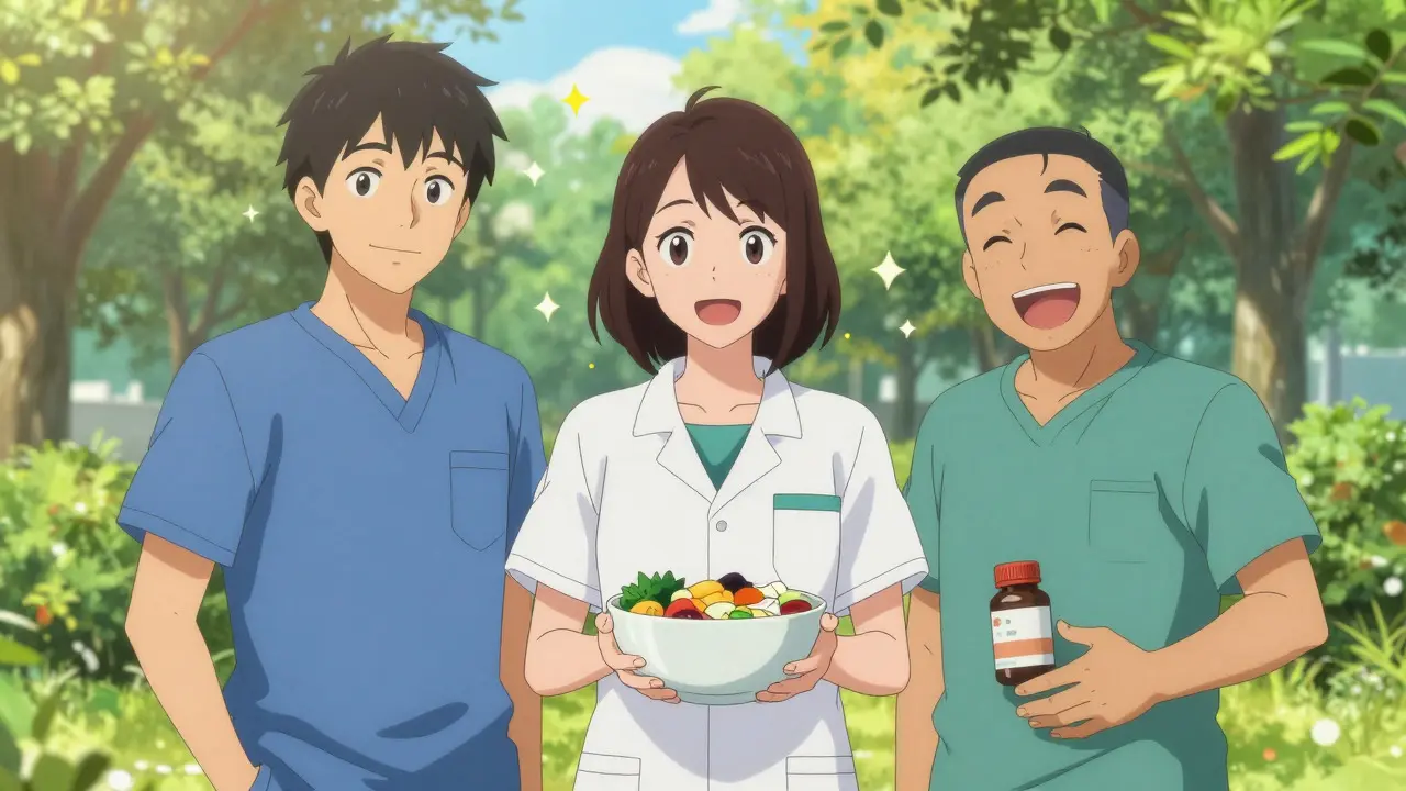 Happy anime characters in a park representing successful management of GI side effects