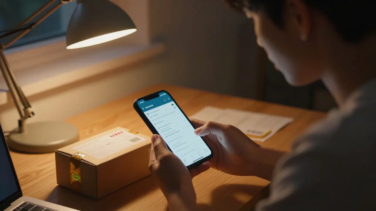 Person inspecting an international medication package with a holographic seal