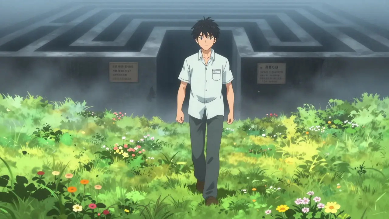 Person walking from a dark maze into a sunny field, symbolizing health recovery.