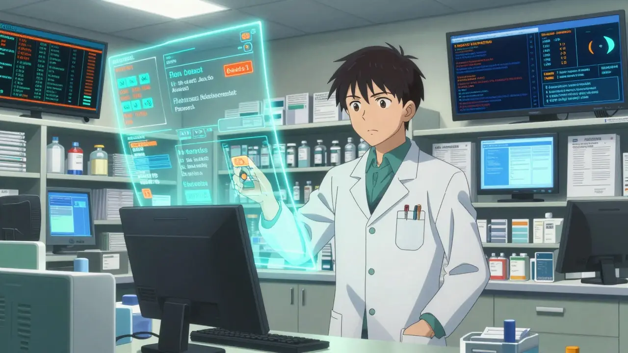 Pharmacist reviewing complex safety data streams in a hospital setting