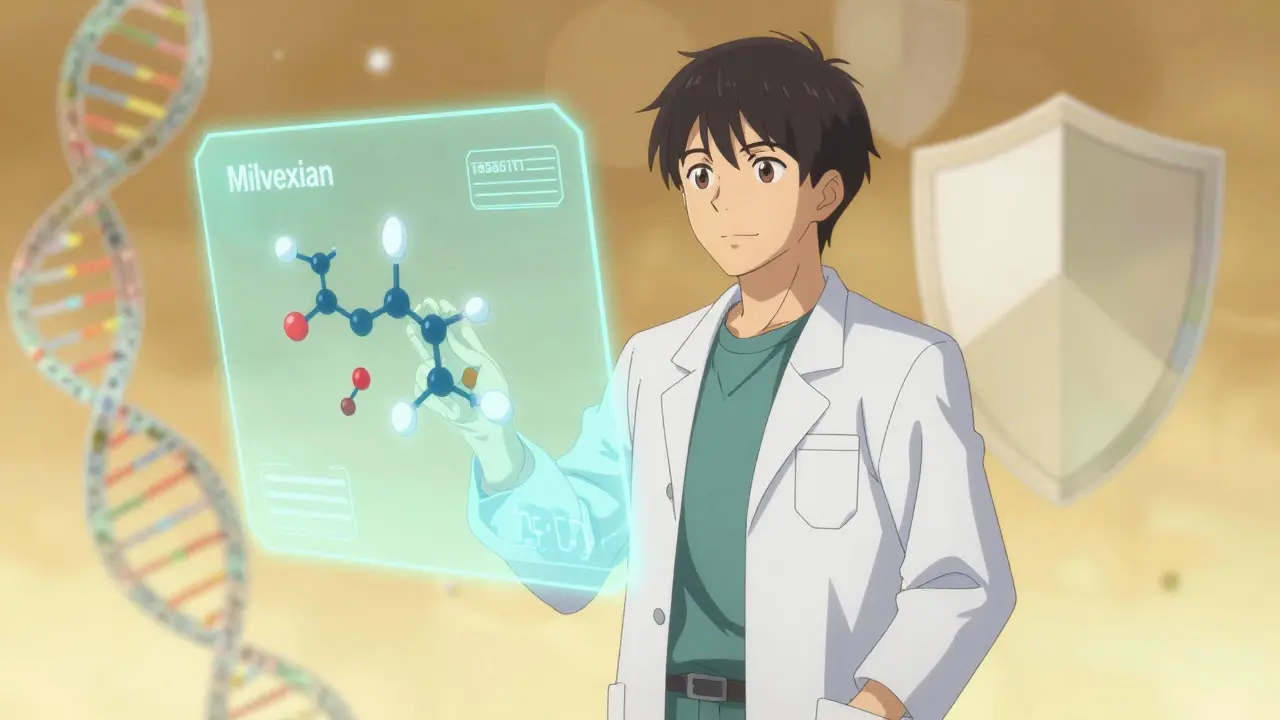 Scientist viewing holographic drug molecules in a lab