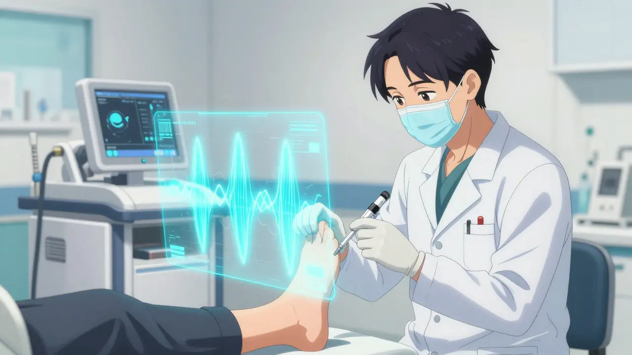 Western anime style depicting a medical professional treating heel pain with advanced therapy.