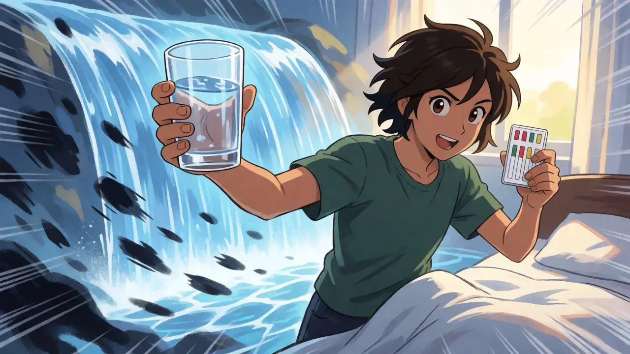 Anime character holding a drink and ketone test kit, visualizing hydration and monitoring.