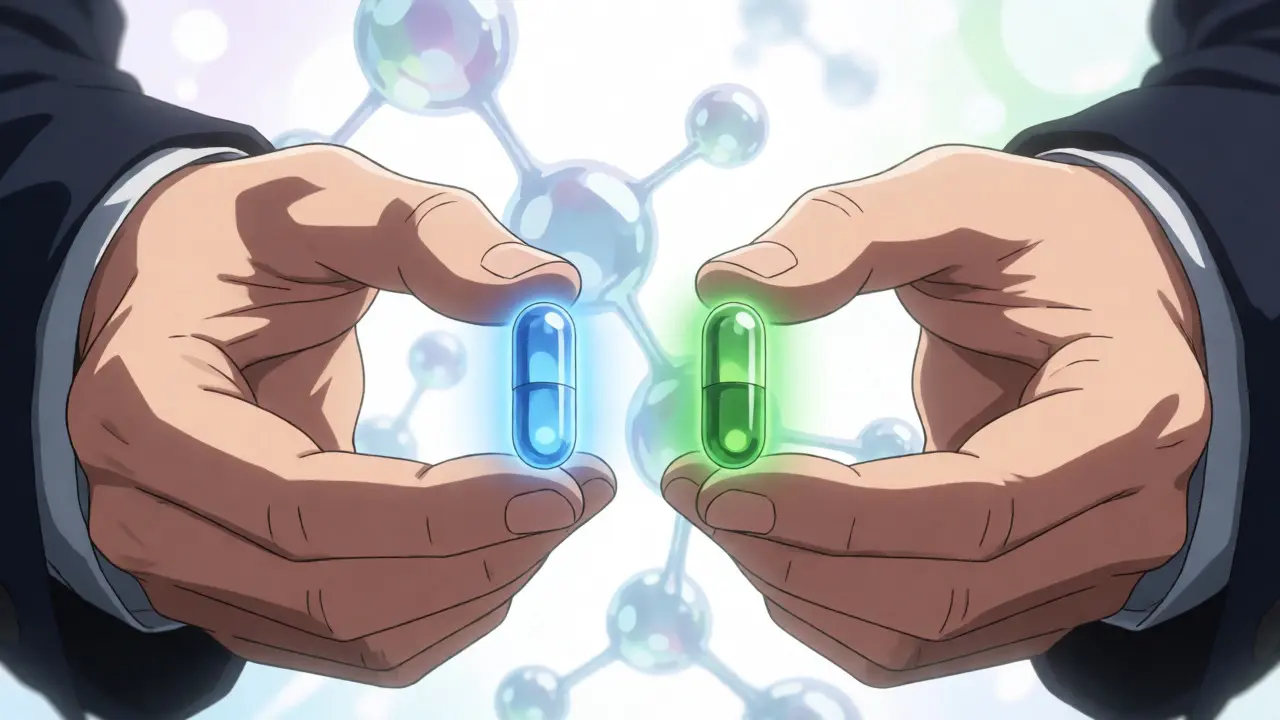 Close-up of hands holding glowing brand and generic capsules symbolizing bioequivalence.