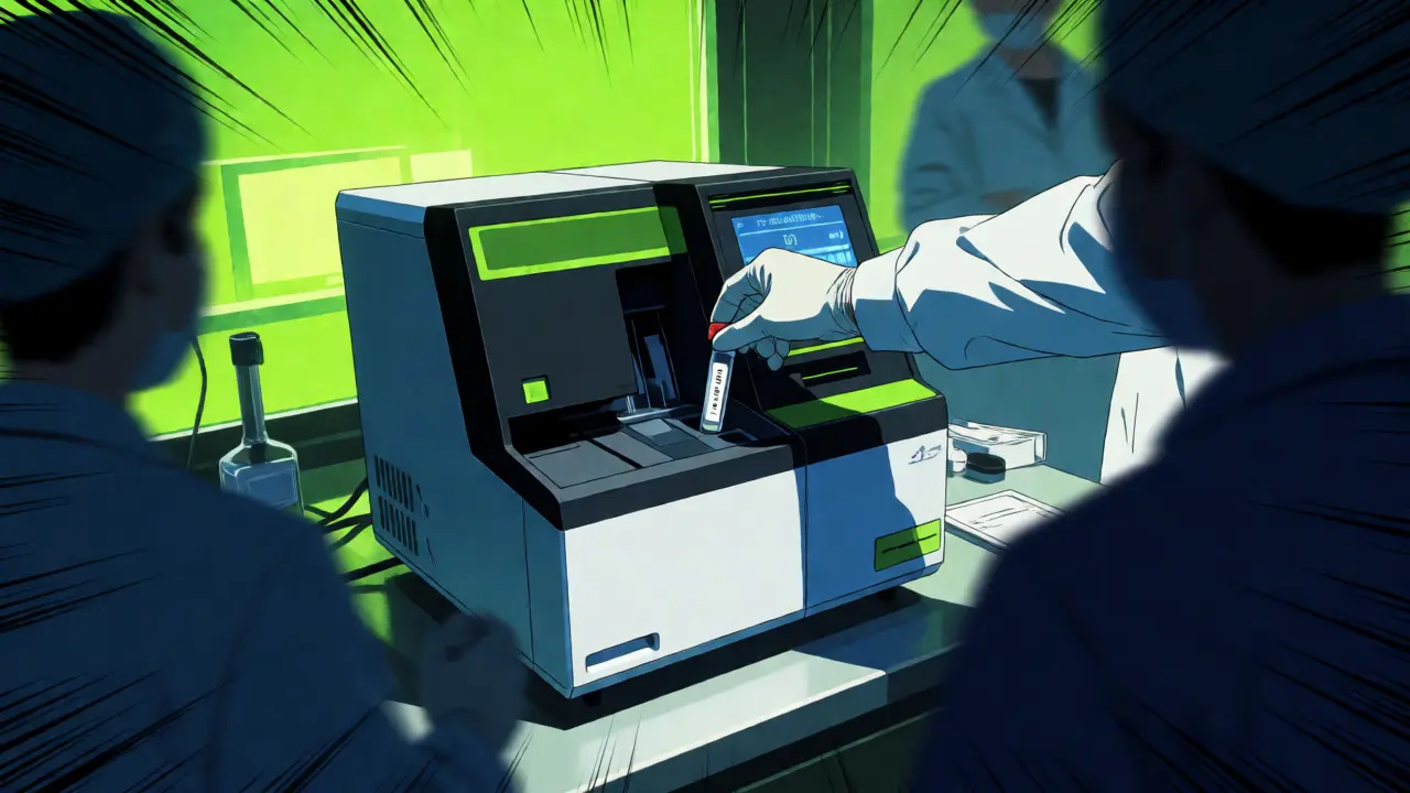 Lab technician inserting blood sample into coagulation analyzer in anime style