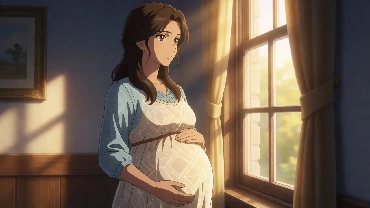 Pregnant woman contemplating medical care in sunlit room, anime art