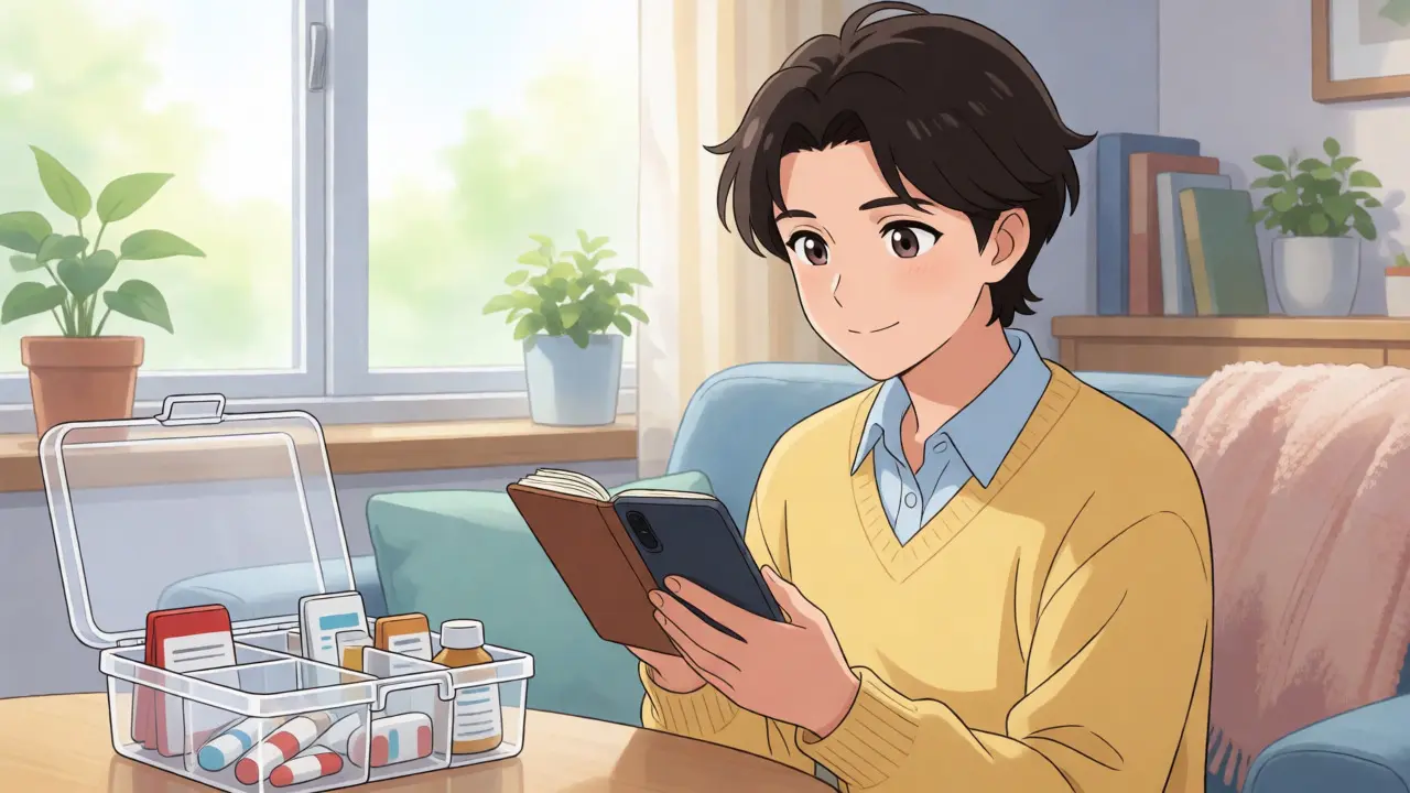 Relaxed patient reviewing generic medications at home in an anime style setting.